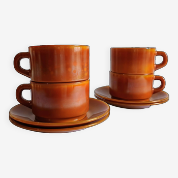 Set de 4 tasses et sous tasses opaline arcopal volcan marron