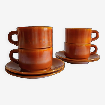 Set of 4 opaline arcopal volcano brown cups and saucers