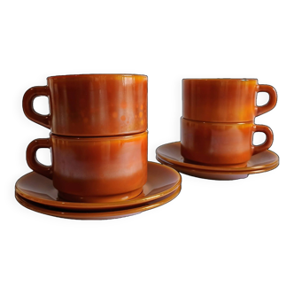 Set of 4 opaline arcopal volcano brown cups and saucers