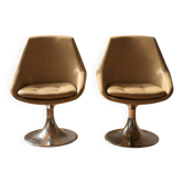 Paire de chaises pivotantes beiges avec bases en chrome, France, années 1970
