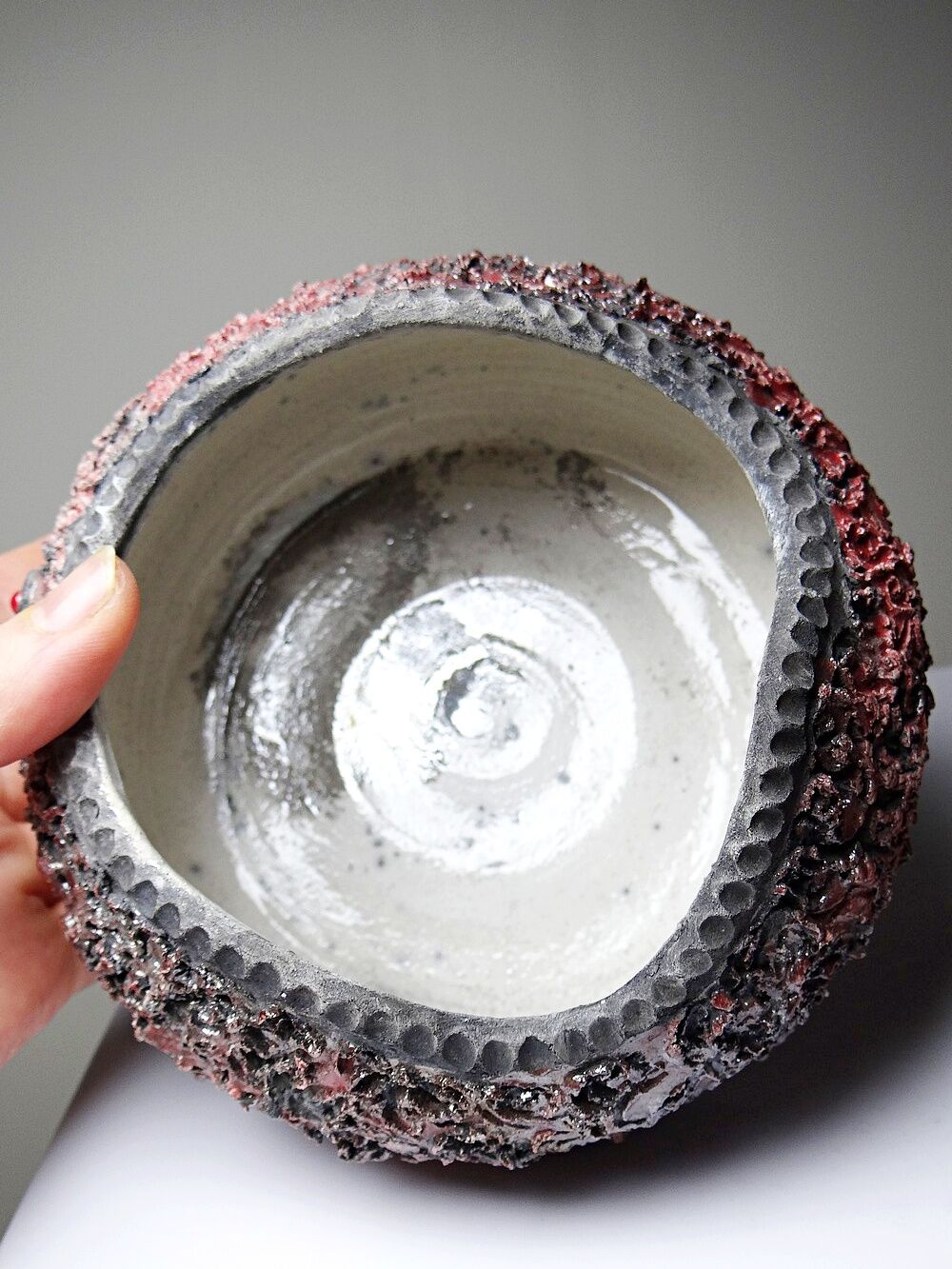 Vintage 2000s red and grey handmade raku jewellery box