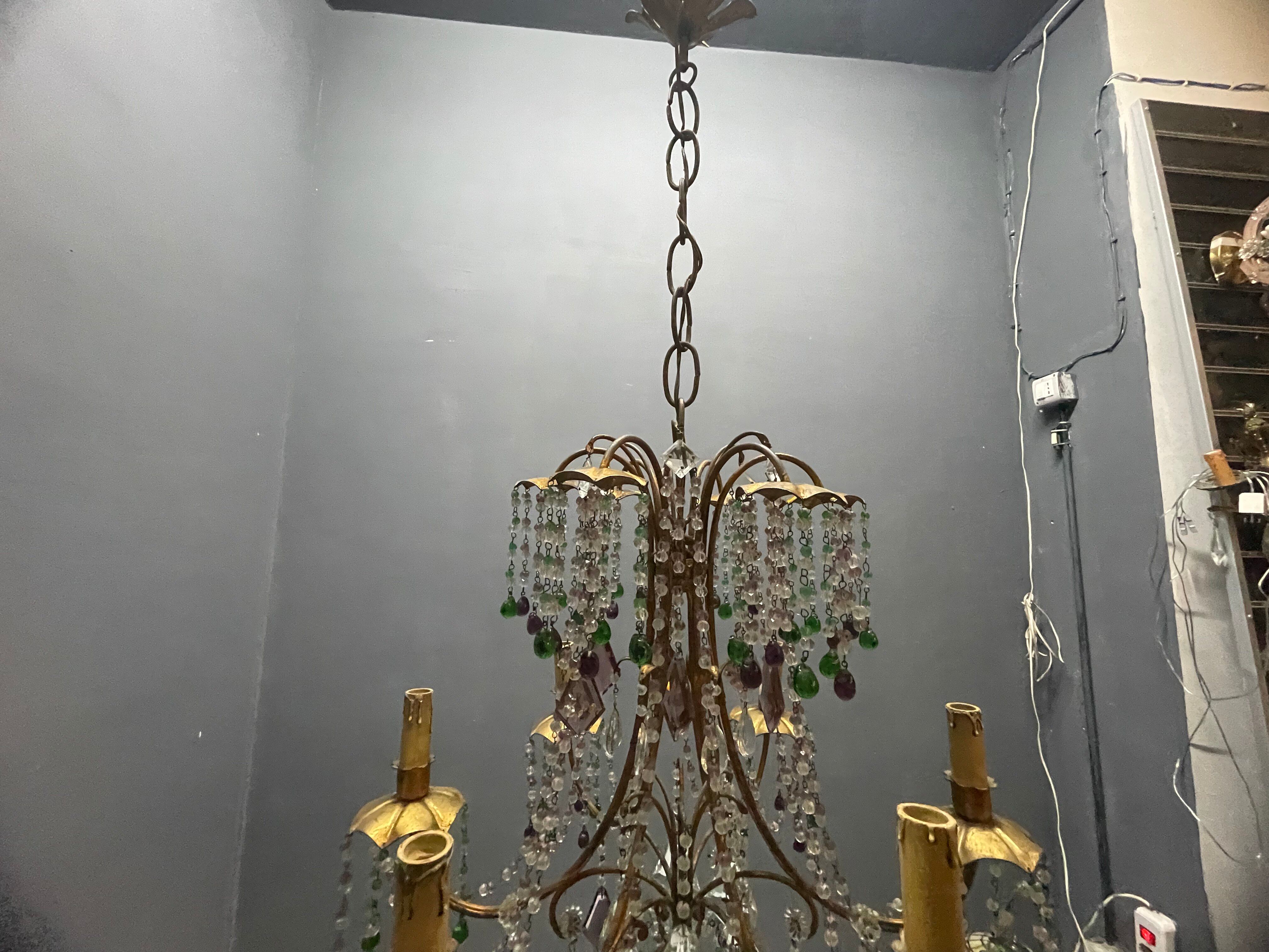 Chandelier en verre de Murano perlé doré en tole florentine italienne des années 1950 à 6 lumières