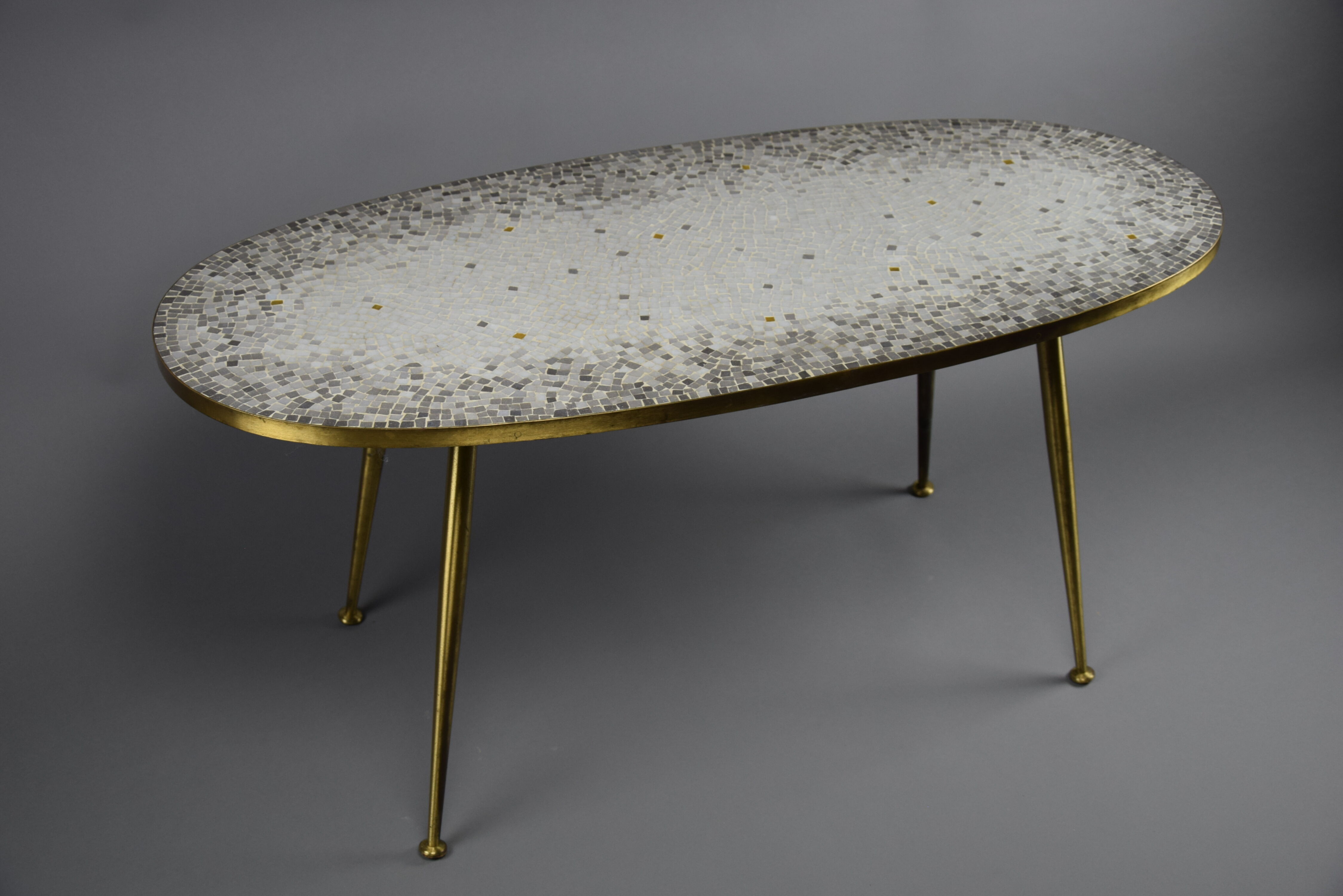Brass Mid century Oval Coffee Table with Grey Glass Mosaic and Gold Highlights
