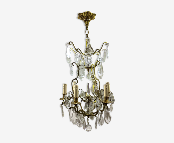 Lustre cage à 6 lumières en bronze et cristal