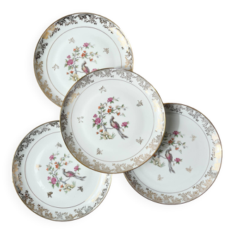 4 Assiettes plates en porcelaine de Limoges motif oiseau de paradis