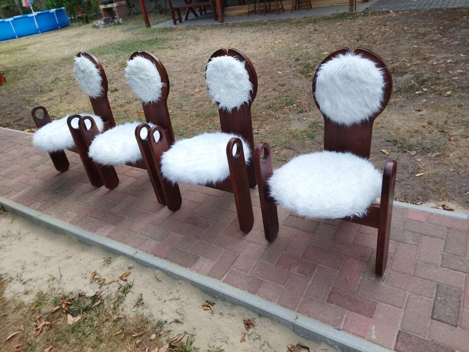 Set of 4 vintage dining chairs in brown pine and white fur by Szedleczky (1970s)