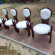 Set of 4 vintage dining chairs in brown pine and white fur by Szedleczky (1970s)