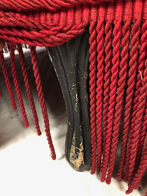 Napoleon III confidant sofa, red velvet trim redone