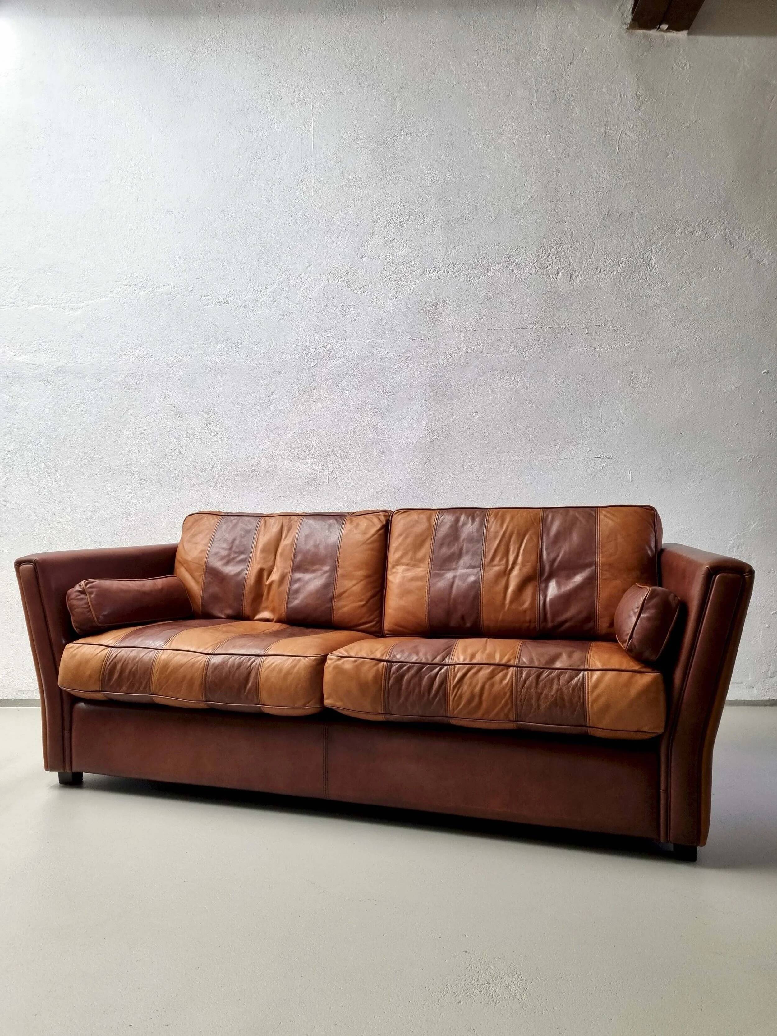 Vintage striped brown orange leather sofa (210 cm x 88 cm)