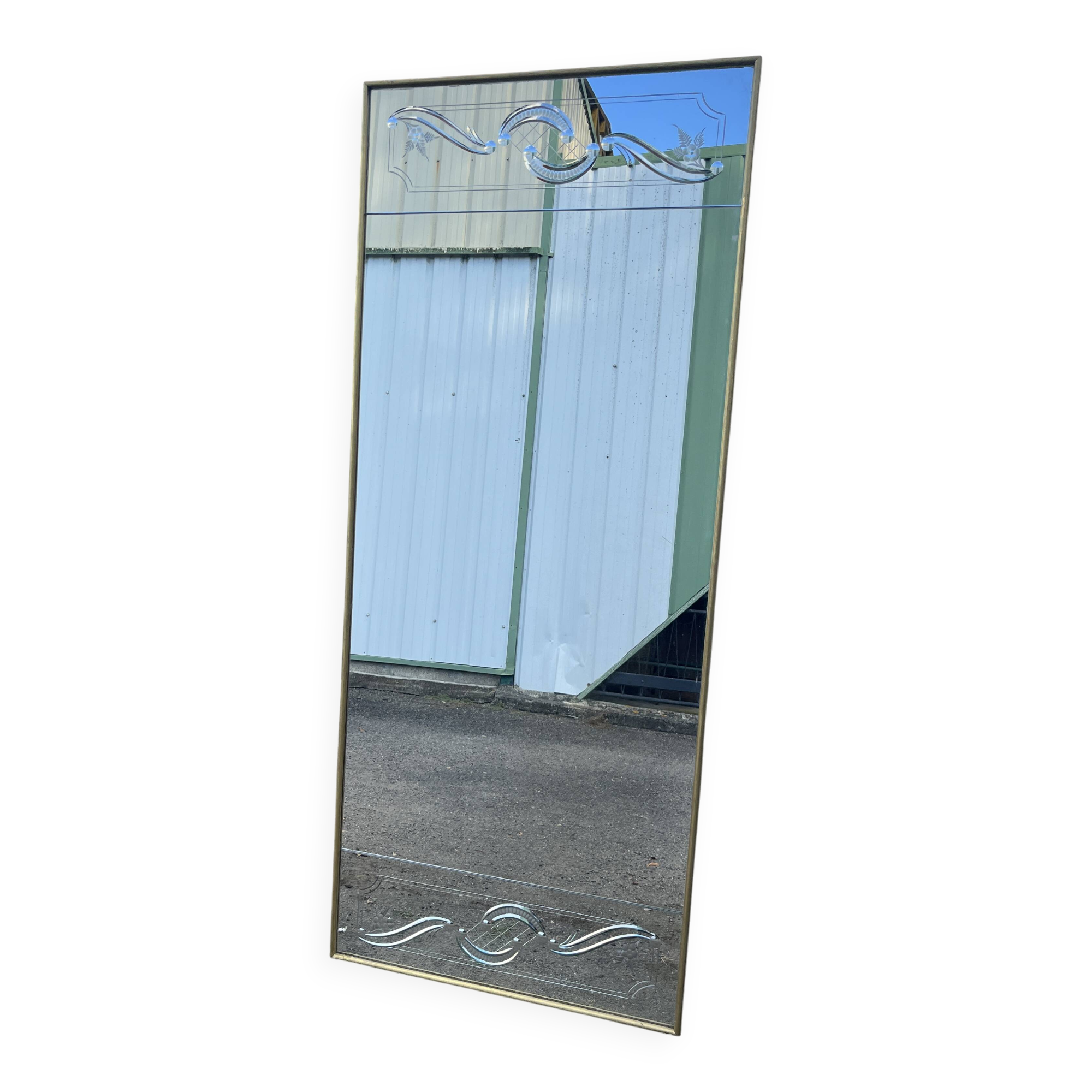 Large Venetian style mirror with engraved decoration and gilded frame 184 cm