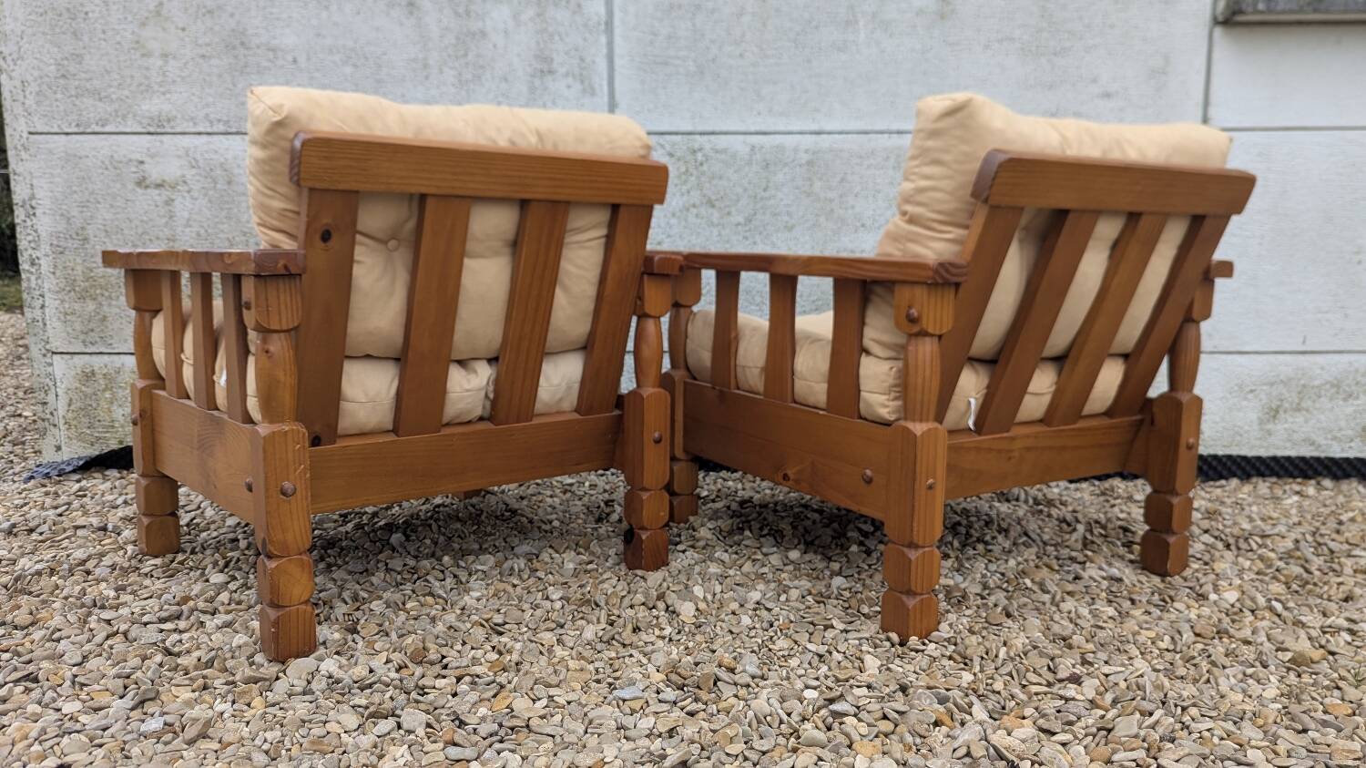 Pair of cosy vintage design chalet pine mountain armchairs.