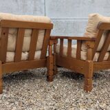 Pair of cosy vintage design chalet pine mountain armchairs.