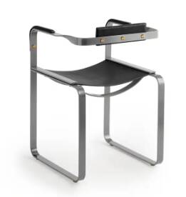 Armchair, silver steel and black leather, contemporary style.