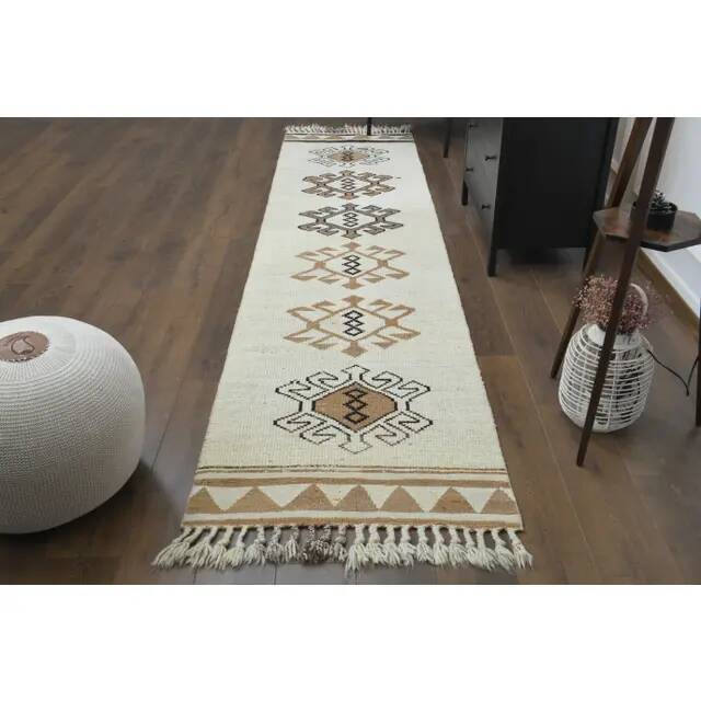 1970s Vintage Turkish Hand-Knotted Wool Cotton Beige Runner Rug 87x366