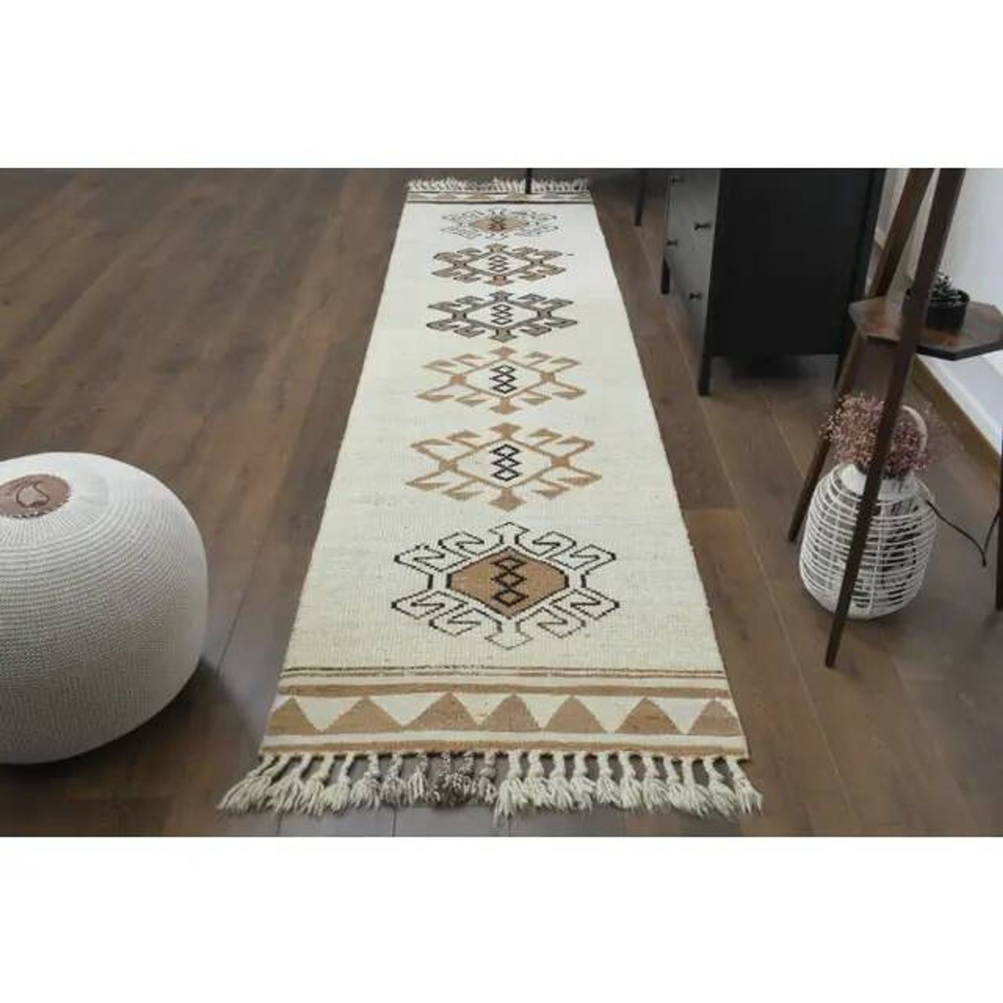 1970s Vintage Turkish Hand-Knotted Wool Cotton Beige Runner Rug 87x366