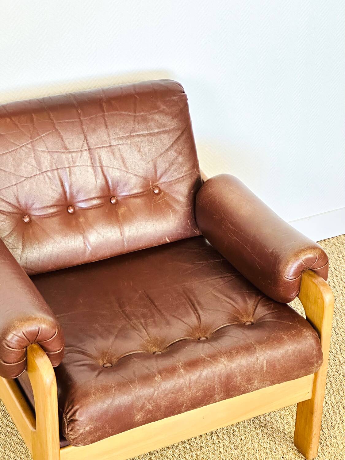 Vintage Scandinavian leather and teak armchair 1960