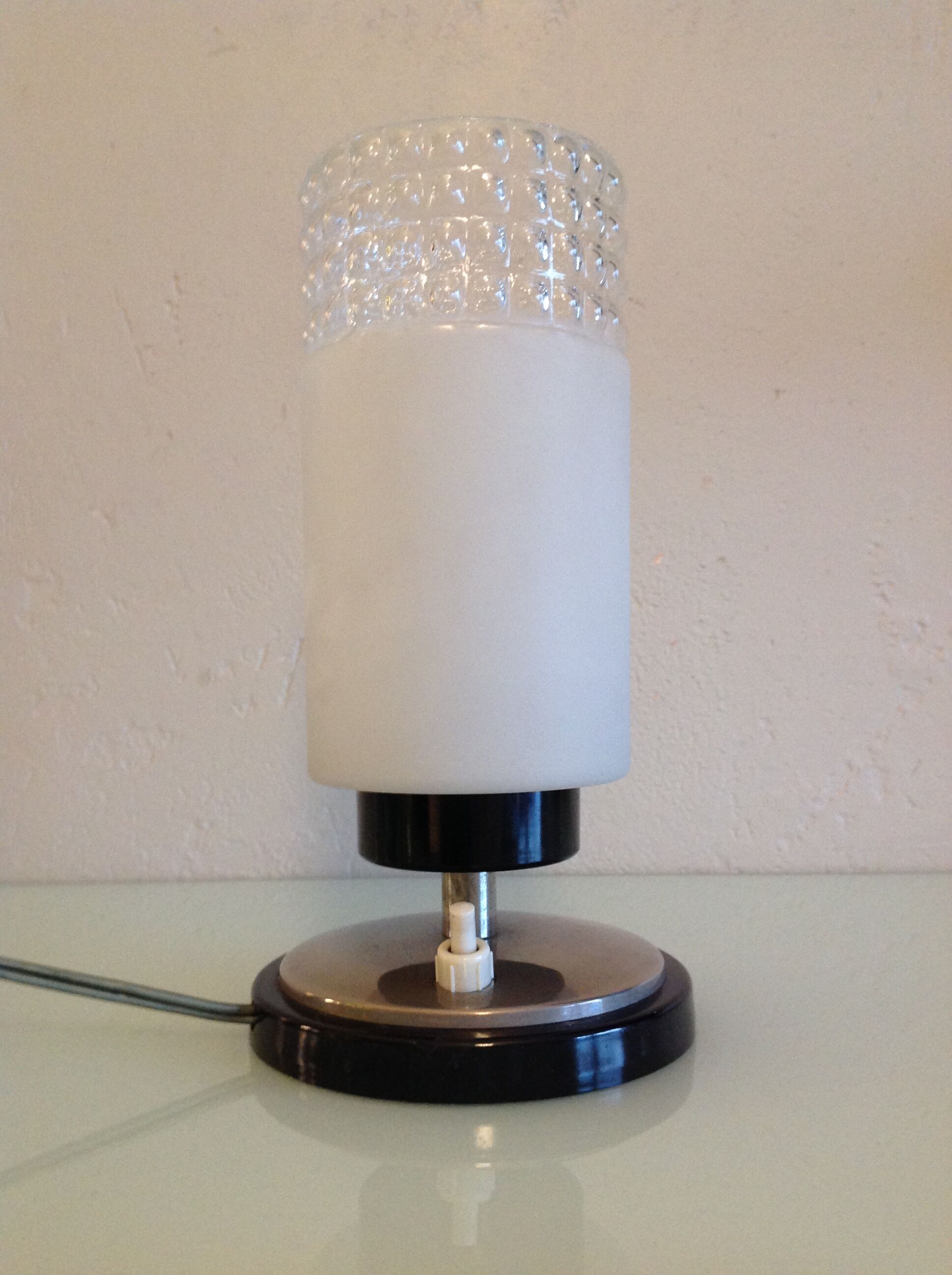 Tube bedside lamp with bi-material/vintage glass lampshade, 60/70s