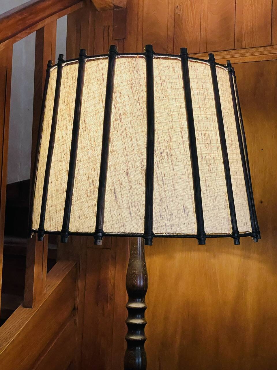 Vintage Floor Lamp Turned Wood, Bamboo Rattan Circa 1950s