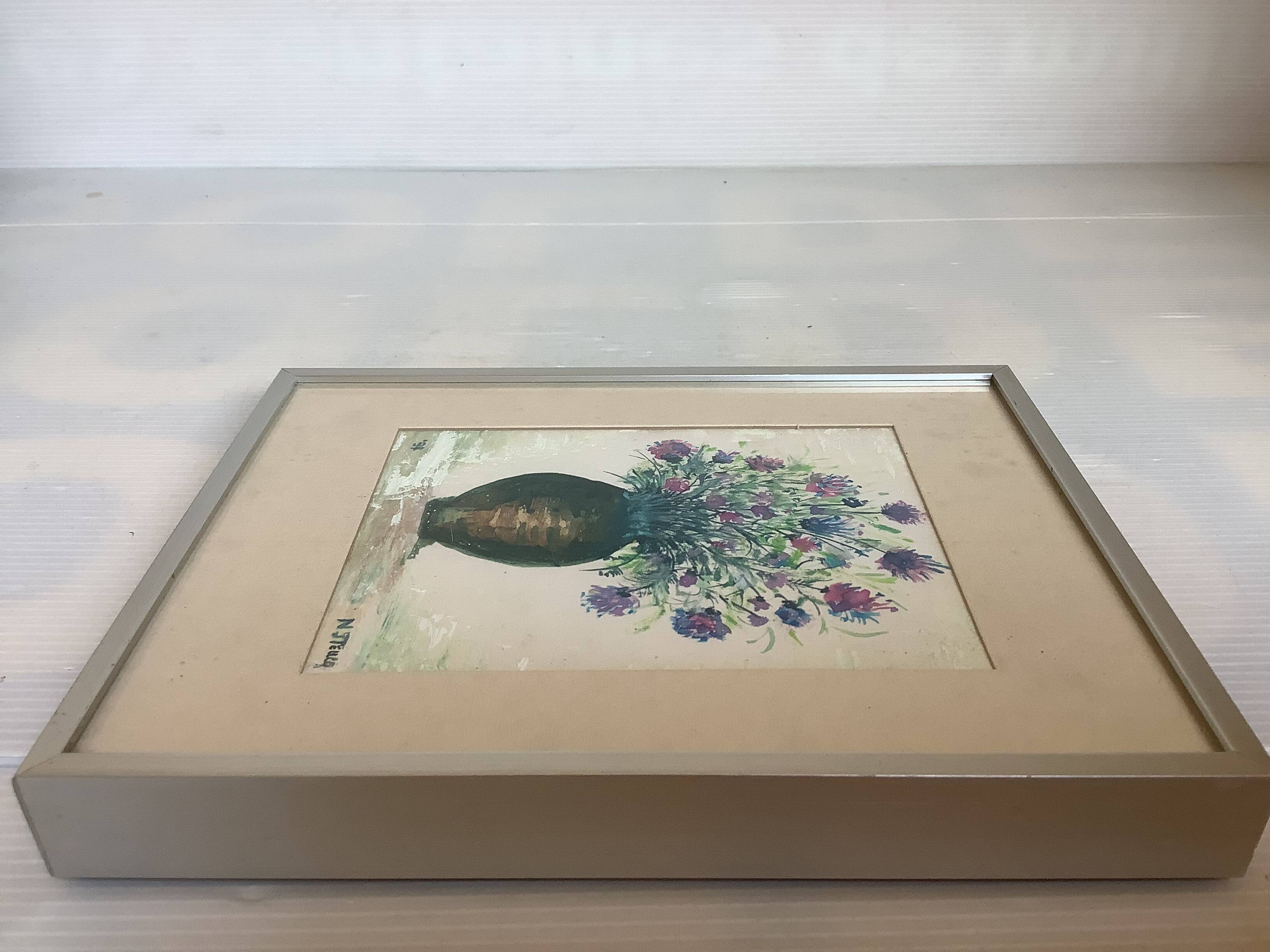 Petit tableau bouquet de fleurs huile sur carton signée