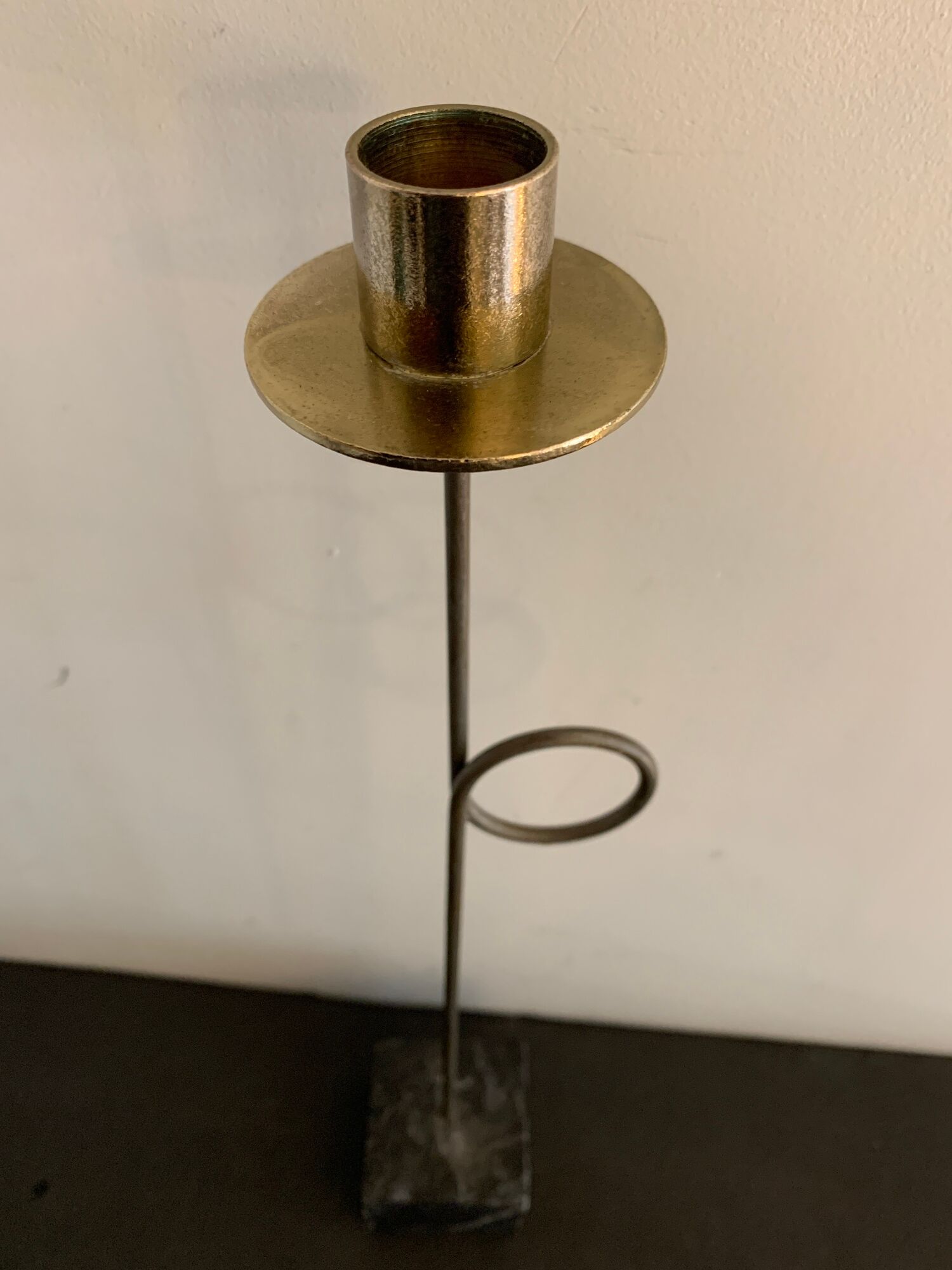 Swedish design candle holder in granite, metal and brass, 1980, height 39 cm