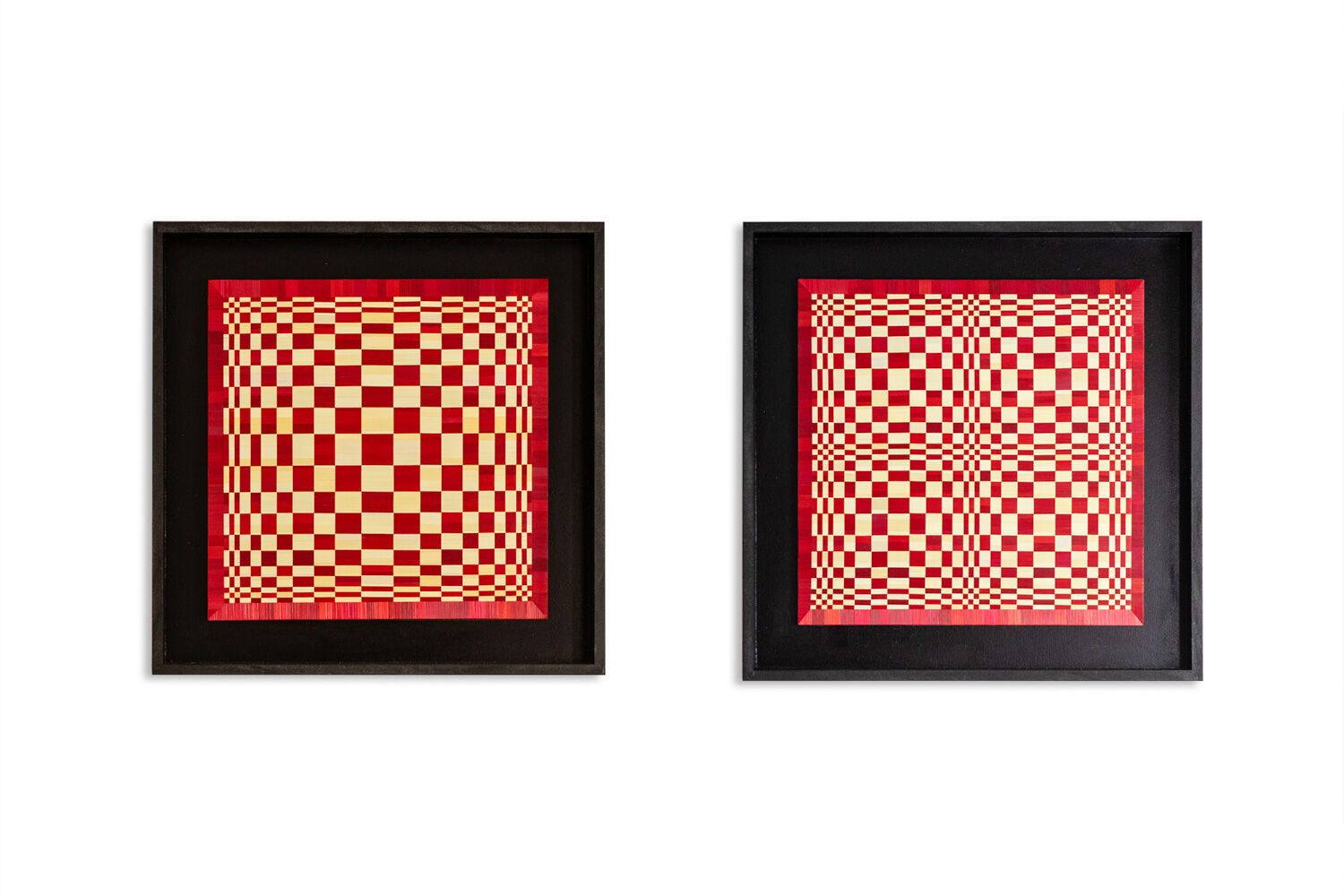 Pair of panels in red and gold straw marquetry. Contemporary.
