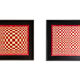 Pair of panels in red and gold straw marquetry. Contemporary.