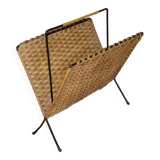 Vintage magazine rack in wrought iron and woven wicker 196