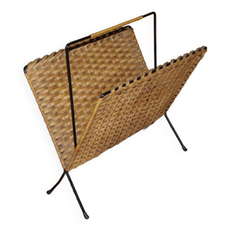 Vintage magazine rack in wrought iron and woven wicker 196