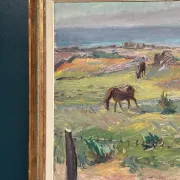 Original Swedish Oil on Canvas – "Coastal Scene with Horses" by Georg Lodström – Signed – 1947 – Framed – 77 × 66 cm