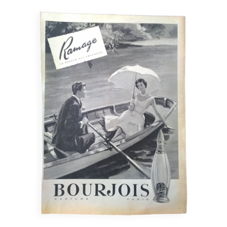 A perfume paper advertisement: Bourjois Paris illustration boat in love from period magazine