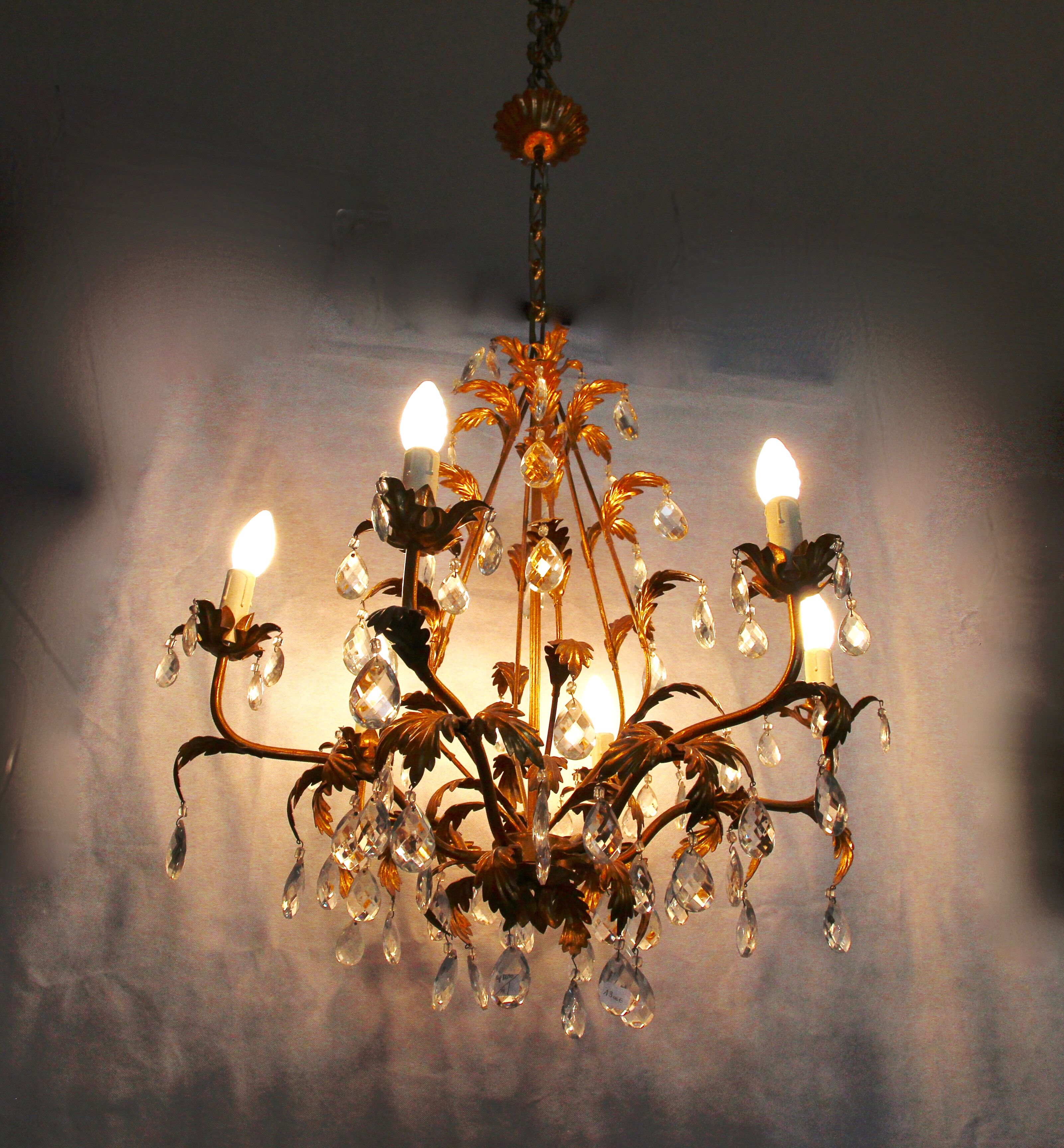 6-light bronze and Bohemian crystal chandelier, early 20th century