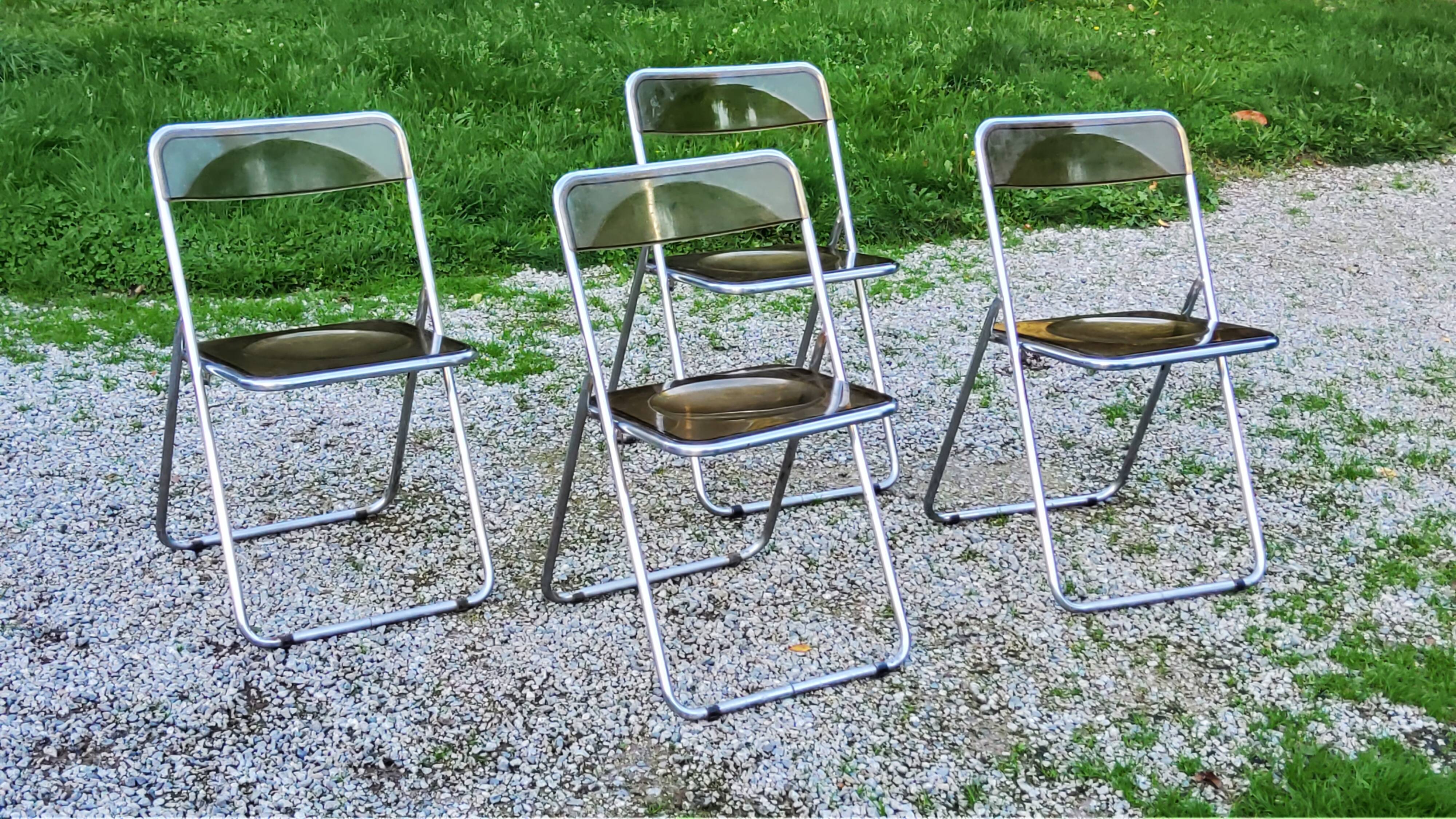 Set of 4 70s design folding chairs in smoked plexiglass and chrome metal