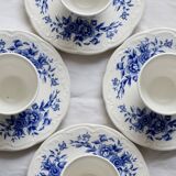 4 tasses anciennes en faïence Sarreguemines bleue et blanche - Soucoupes as