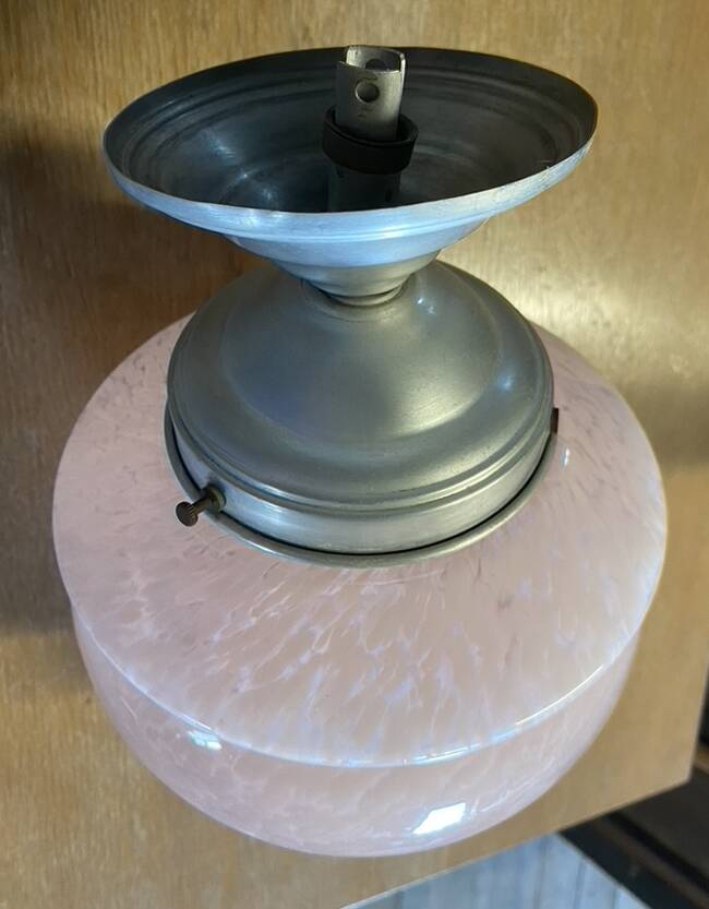 Art Deco globe pendant light, Clichy glass, pale pink, early 20th century.