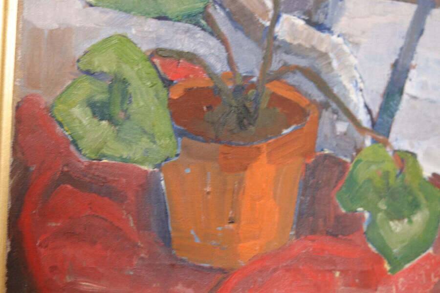 Original Swedish oil on canvas – “Winter Cyclamen” by Majken Bergvin (1922–2012) – 1965 – vintage & framed – 62 × 43 cm