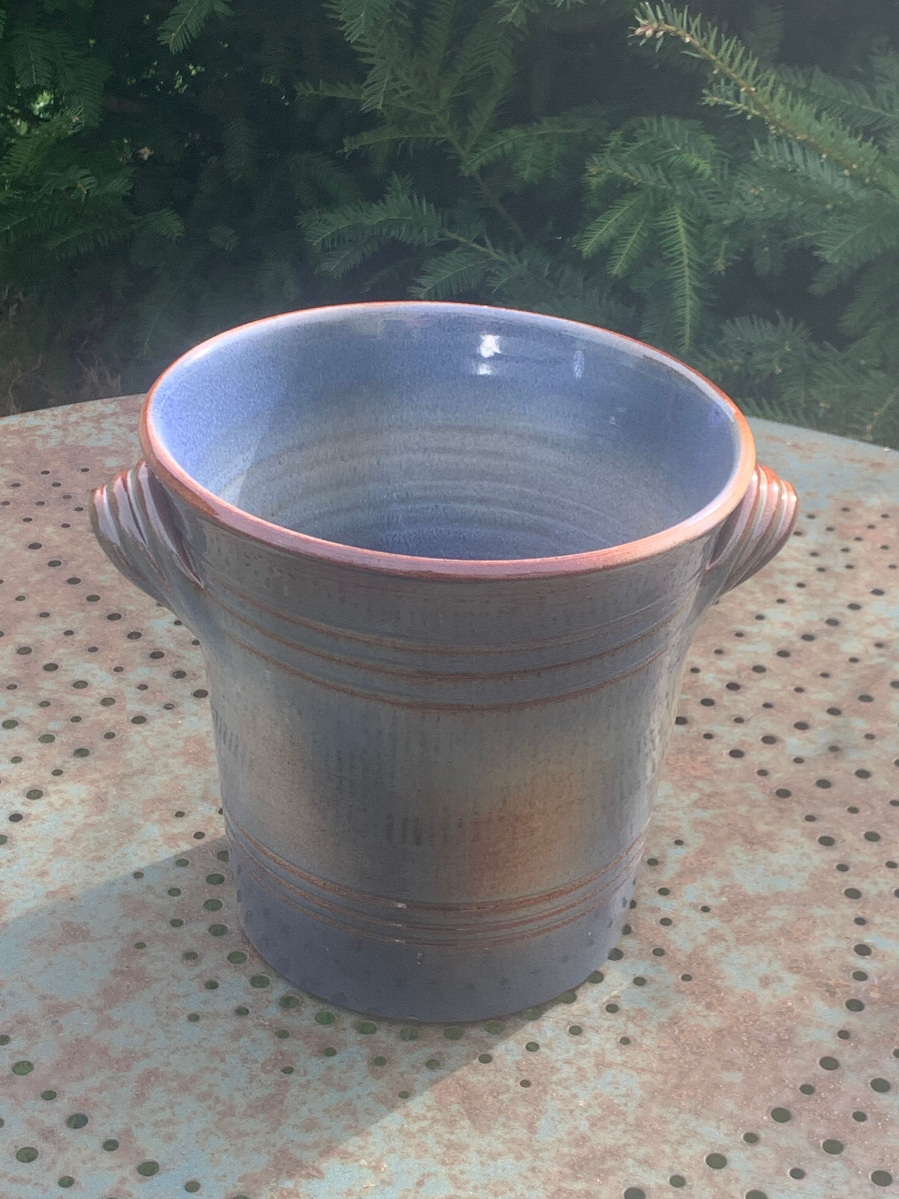 Champagne bucket in blue and beige glazed ceramic, vintage handmade