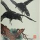 Mokuchu Urushibara: Japanese print, The Flight of the Crows (green), signed woodblock print.