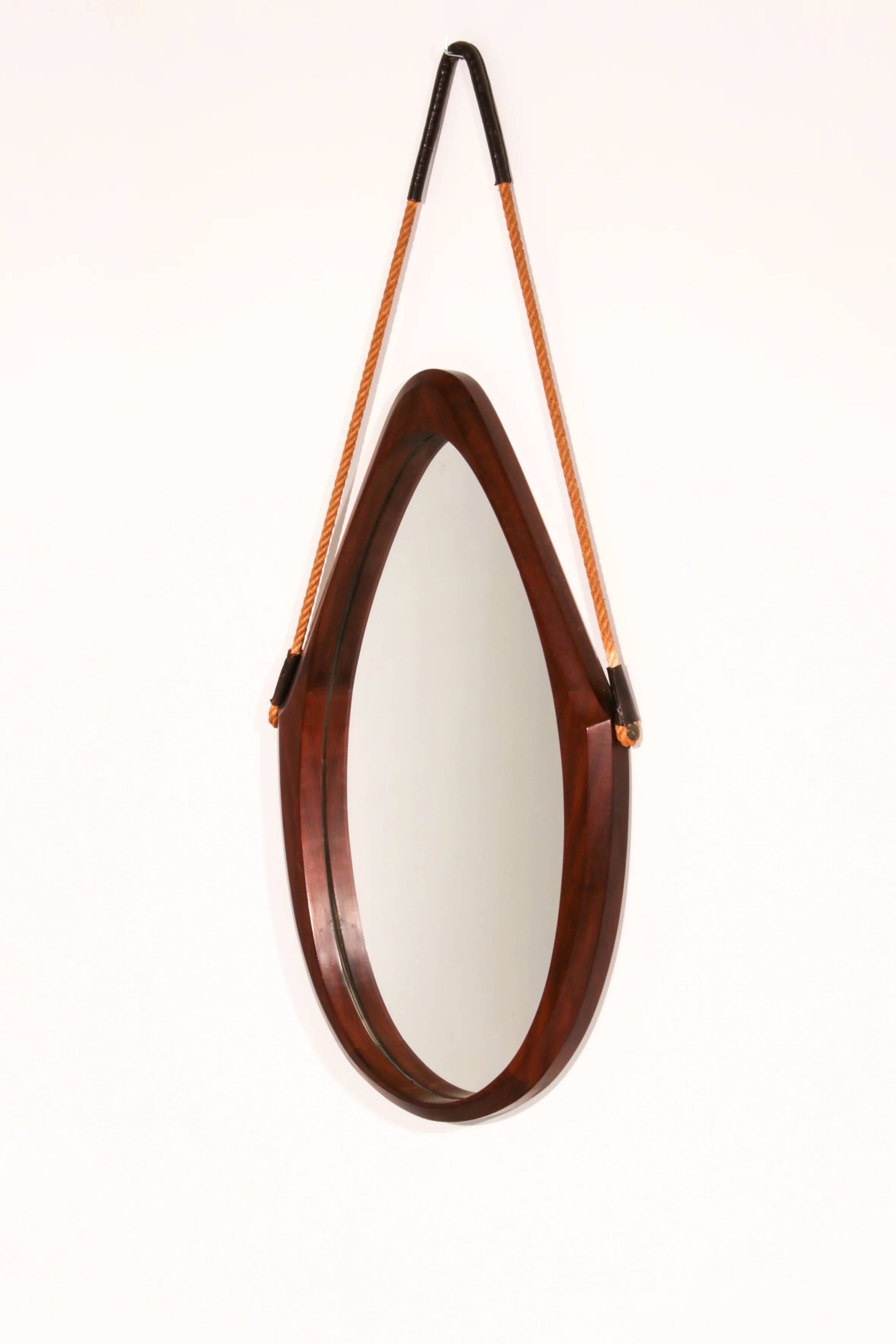 Mid-century Italian oval mirror in curved teak, rope and leather, 1960s