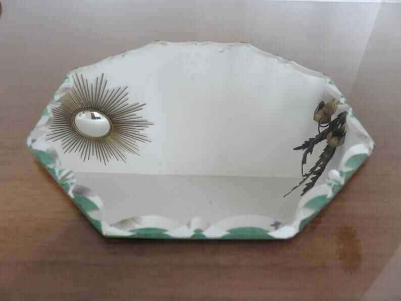 Miroir octogonal biseauté Saint Gobain années 40 50 21 cm X 21 cm