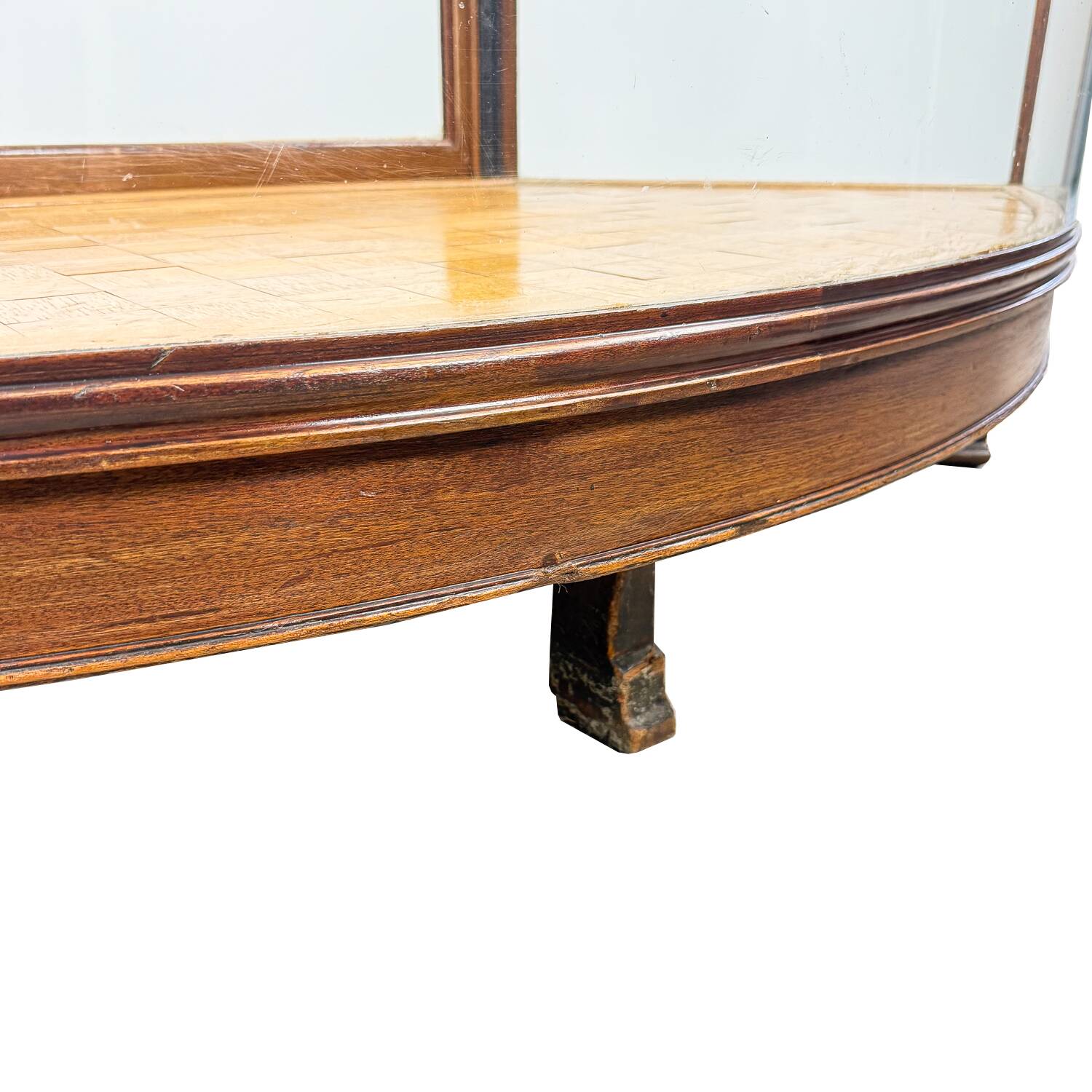 Antique Curved Glass Display Cabinet – Wooden Showcase – Early 20th Century