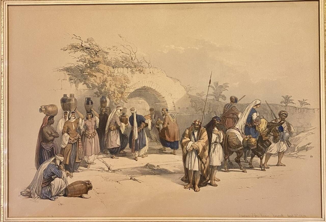Old lithograph Fountain of the Virgin, Nazareth after David Roberts 20th century