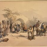 Old lithograph Fountain of the Virgin, Nazareth after David Roberts 20th century