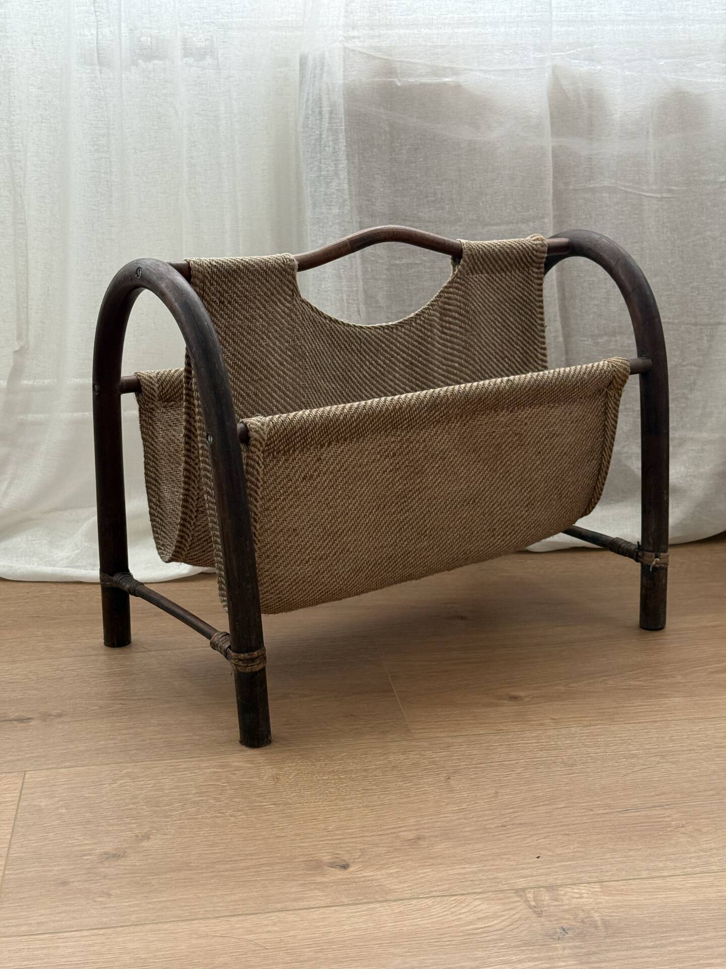 Vintage Rattan & Jute Magazine Rack | Bohemian Mid-Century Style | 197