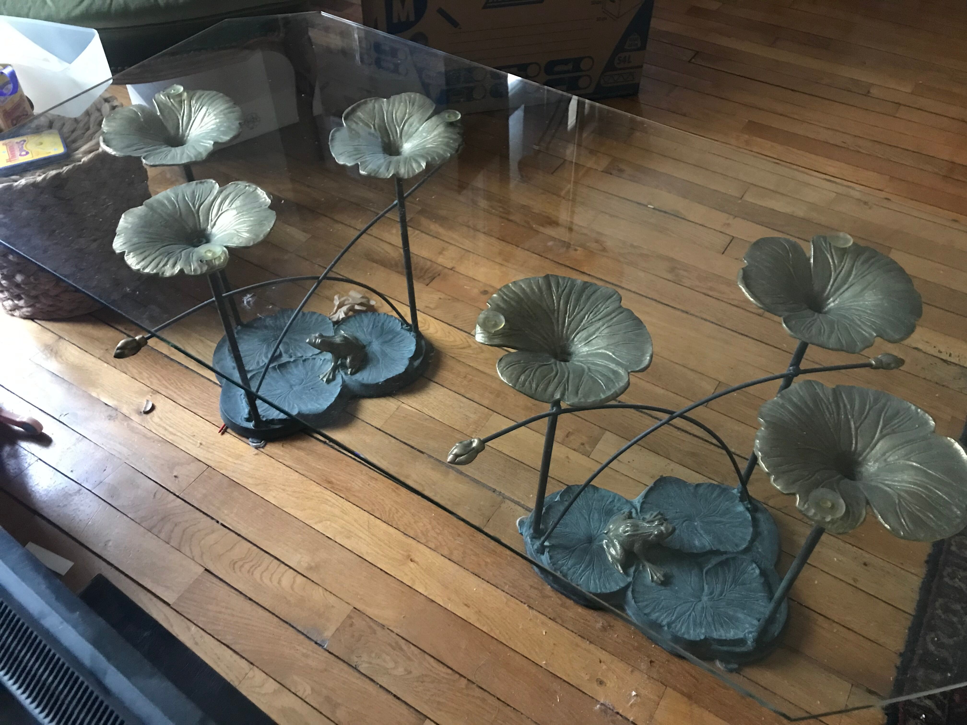 Glass and forged metal coffee table, frog and neuphar décor