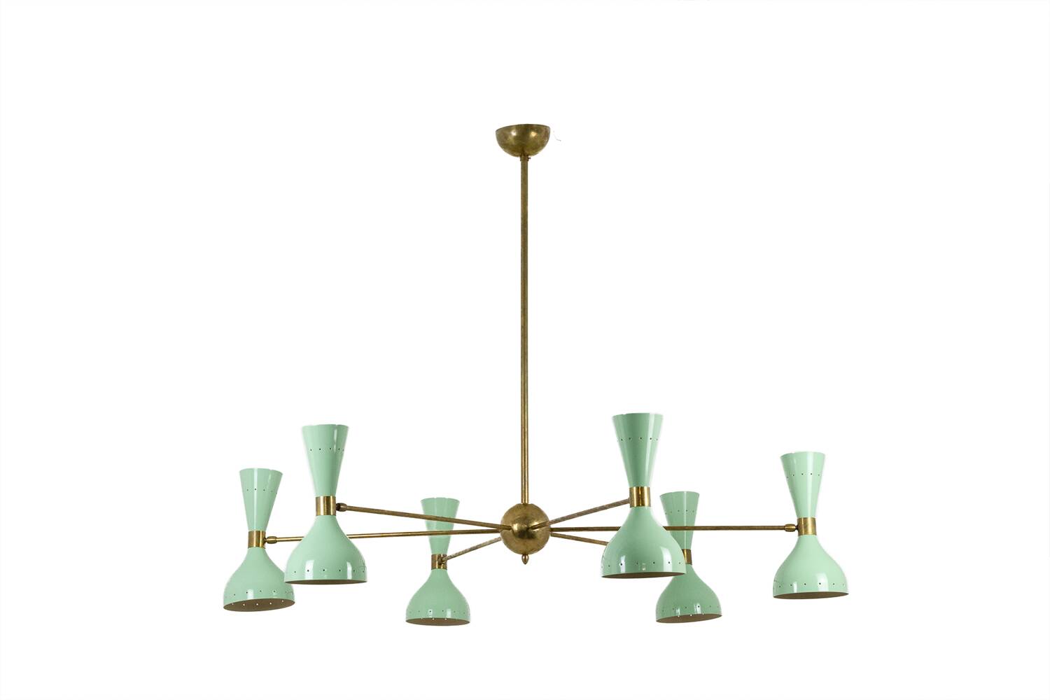 Contemporary 12-light diabolo-shaped radiant chandelier.