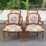4 Louis XV solid wood armchairs upholstered in beige floral fabric