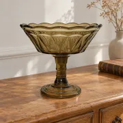 Coupe sur pied vintage en verre fumé – Compotier à bord festonné – Ø 23 cm