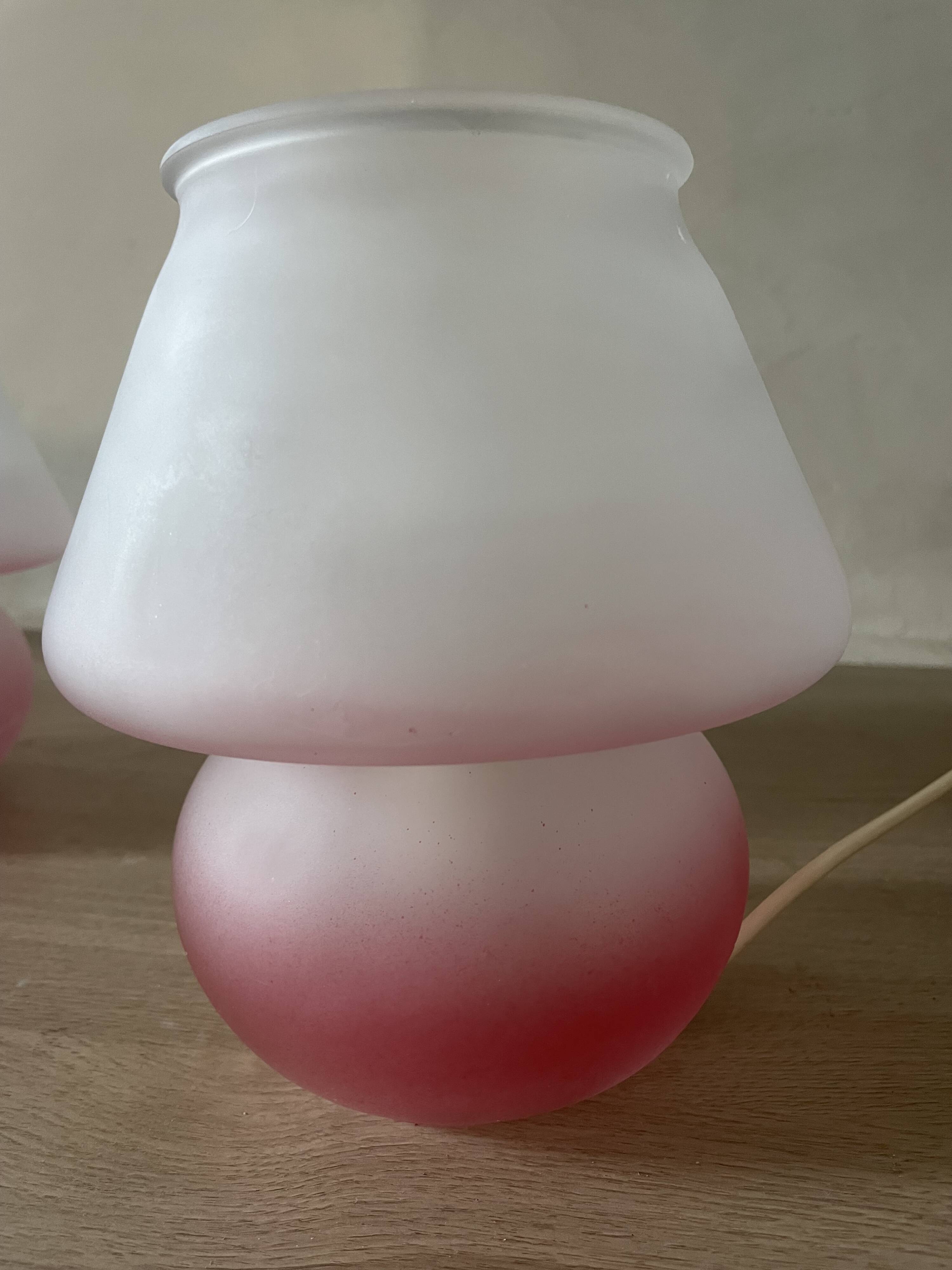 Pair of frosted pink glass mushroom lamps