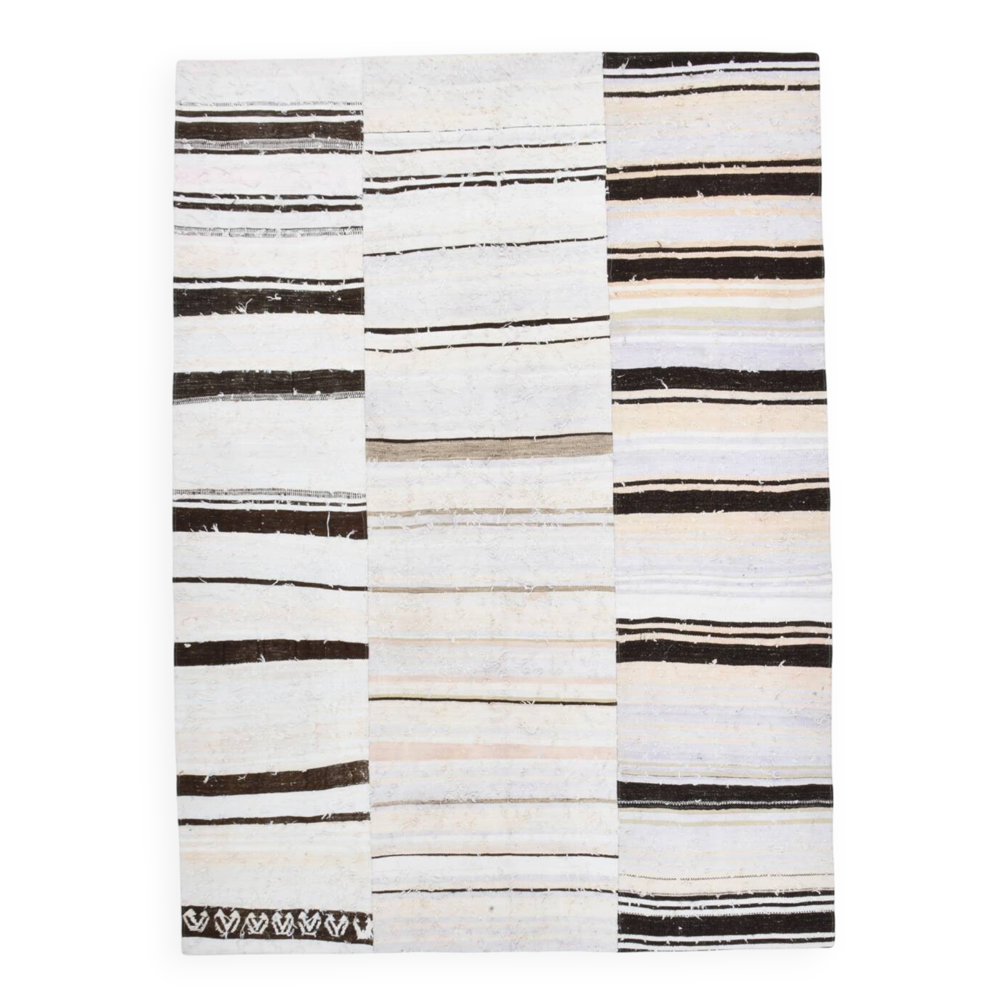 7x9 Brown Cream Striped Handmade Vintage Kilim Rug, 204x279Cm