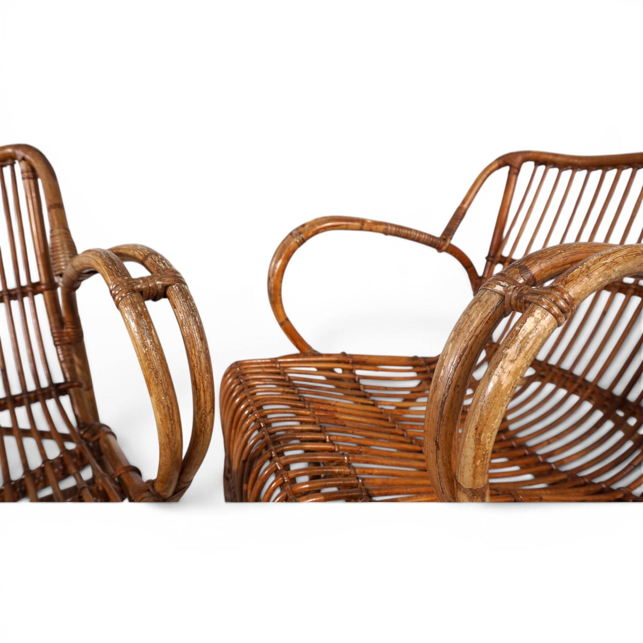 French Pair Vintage Rattan Bamboo Lounge Chairs, 1960